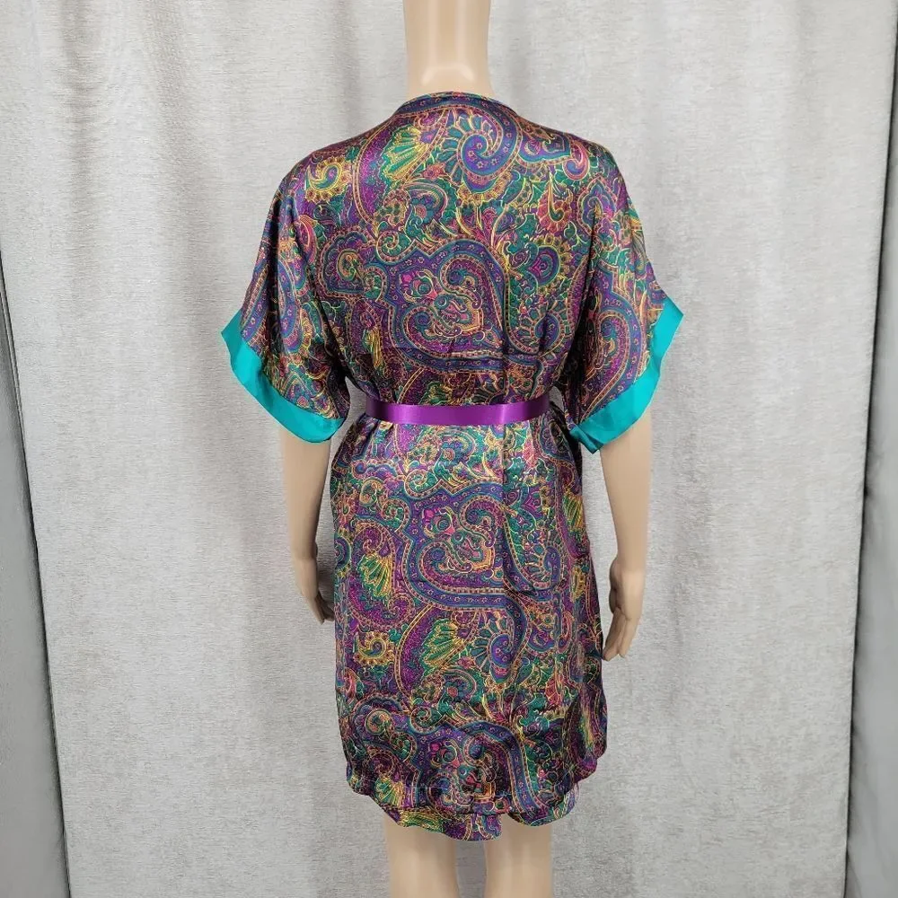 Feather Bed Vintage 90s Vibrant Paisley Satin Slip Dress and Robe Purple Teal